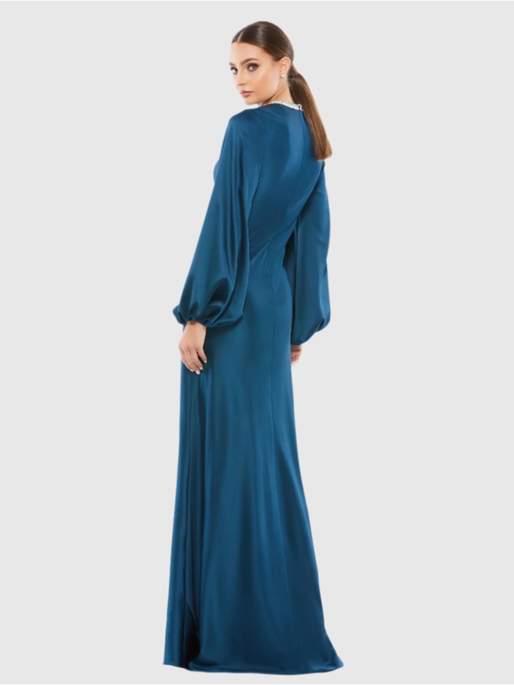 Mac Duggal Blue Beaded High Neck Satin Bishop Sleeve Satin Gown Size 16 Saphire - Picture 3 of 8